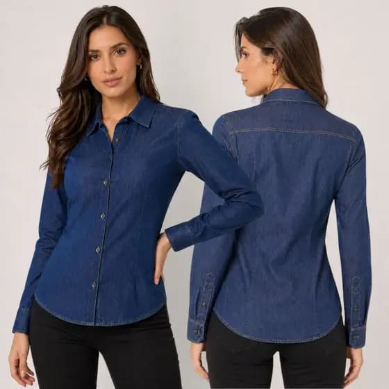 Camisa Feminina Jeans Manga Longa Tradicional Com Botões 100% Algodão Jaqueta Sem Lycra Elastano Blusa Social Premium