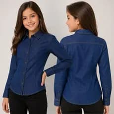 Camisa Infantil Jeans Feminina Manga Longa Com Botões Tradicional 100% Algodão Sem Lycra Elastano Blusa Social Premium