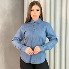 Camisa Feminina Tradicional Com Botões Blusa Social Premium 100%Algodão Jaqueta Sem Lycra Sem Elastano Jeans Manga Longa