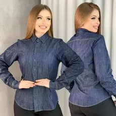 Camisa Feminina Tradicional Com Botões Blusa Social Premium 100%Algodão Jeans Manga Longa Jaqueta Sem Lycra Sem Elastano