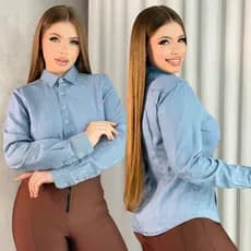 Camisa Feminina Blusa Social Premium Tradicional Com Botões 100%Algodão Jeans Manga Longa Jaqueta Sem Lycra Sem Elastano