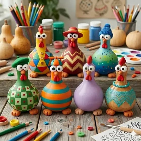 Kit 7 Galinhas de Cabaça Artesanal Gourmet 11cm - Decoração Cozinha Trio ou Unidade - Pintura à Mão Ateliê