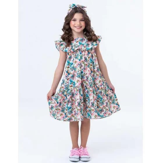Vestido Infantil Alfaiataria Borboletas Tricoline Algodão 100% com Babado – Estampa Digital Verão