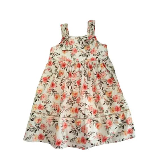 Vestido Menina Floral Rodado Algodão Tricoline 100% com Renda Palito e Alça Ajustável