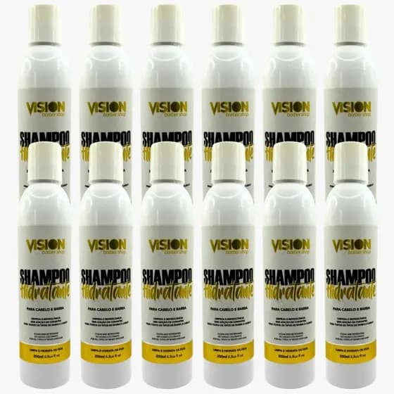Kit 12 unidades Shampoo Hidratante para Barba Cabelo Bigode Vision Barber Shop 200ml