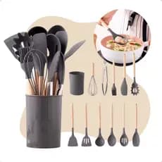 Kit Jogo De Cozinha 12 Peças Utensílios Colheres Espátulas Silicone Cabo Madeira Decoração Livre BPA