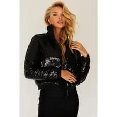 Jaqueta Feminina Paetê Gola Alta Planet Girls Preto
