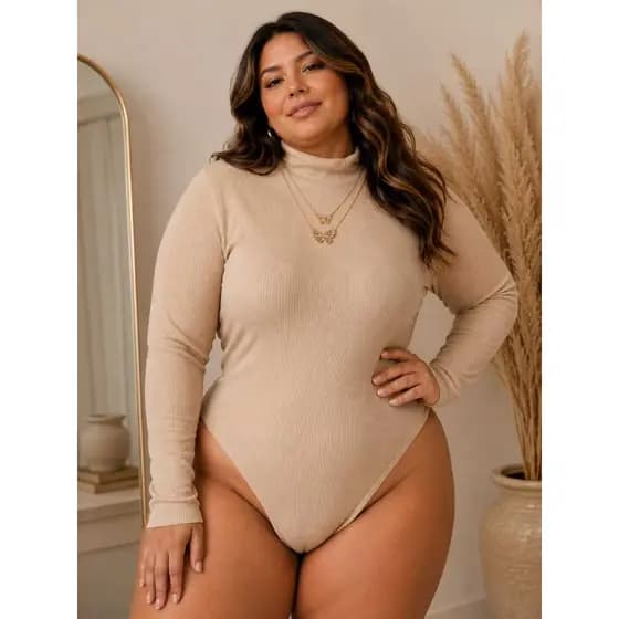 BODY SEGUNDA PELE PLUS SIZE CACHARREL MANGA LONGA GOLA ALTA LOOK INVERNO