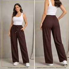Calça Pantalona Feminina Cintura Alta Tecido Canelado com Bolso Funcional e Cordao na Cintura