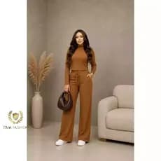 Conjunto Canelado Premium Feminino Calça Pantalona Wide Leg Cropped Cacharrel Gola Alta Manga Longa