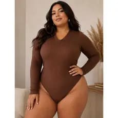Body Feminino Plus Size Decote Gola V Bori Canelado Manga Longa Casual