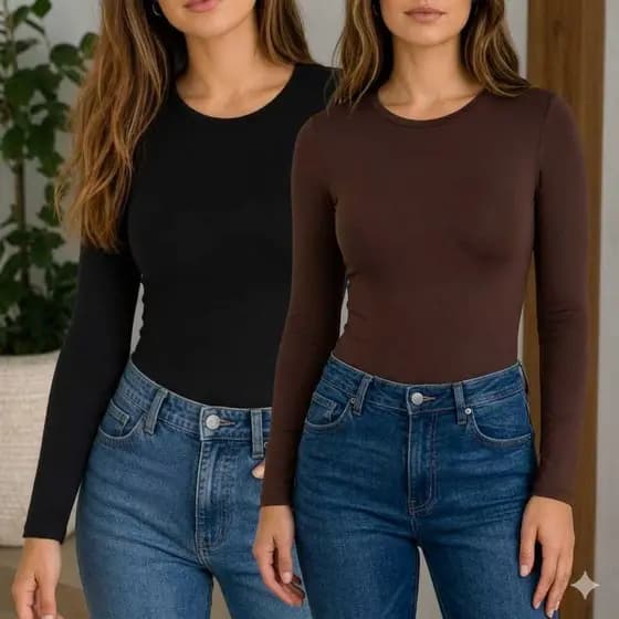 Kit 2 Body Manga Longa Feminino Elegante Blusa Feminina estilosa Gola Redonda Inverno