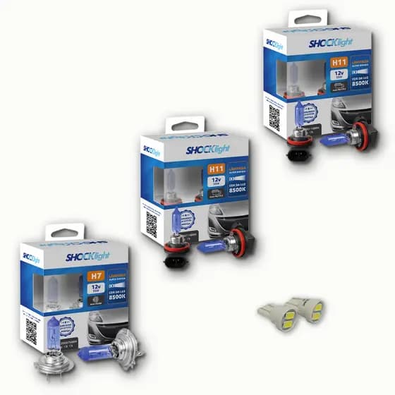 KIT lâmpadas super brancas 8500k farol alto baixo e milhas H7 H11 H11 + led T10 6000k