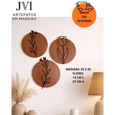 Trio de Quadros Redondos Decorativos Flores Minimalistas em Mdf