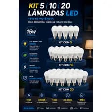 Kit 5 10 20 Lâmpadas LED 15W Branco Frio 6500K Bivolt Econômica Alta Luminosidade