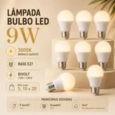 Kit 5/10/20 Lâmpada Led 9W 3000K Branco Quente