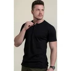 Camiseta Henley 3 Botões 100% Algodão Portuguesa Gola Padre