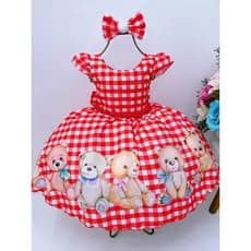 Vestido vermelho com ursos, xadrez