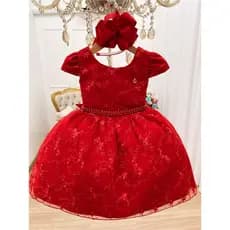 Vestido Infantil Vermelho Princesa em Renda com Flores Delicadas