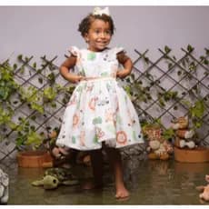 Vestido Infantil Safari Vestido Animais Safari Bege com Dourado
