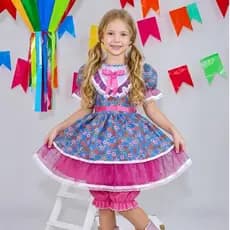 Vestido Junino Infantil Festas Azul Florido e Brilho