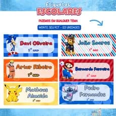 Kit 123 Etiquetas Escolares Tema Etiqueta Sonic, Naruto, Mario, Patrulha Canina,Pokemon e Stitch Adesivo a Prova D'água