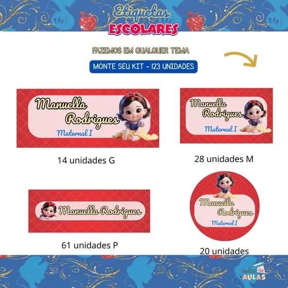 Kit 123 Etiquetas Escolares Personalizadas - Tema Branca de Neve Baby Princesas Disney Adesivo a Prova D'água Maternal