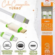 Cabo Carregador Turbo Ultra Rápido Resistente USB V8/Tipo C/iPhone 1M,2M3M LIGHTINING Original Kaidi