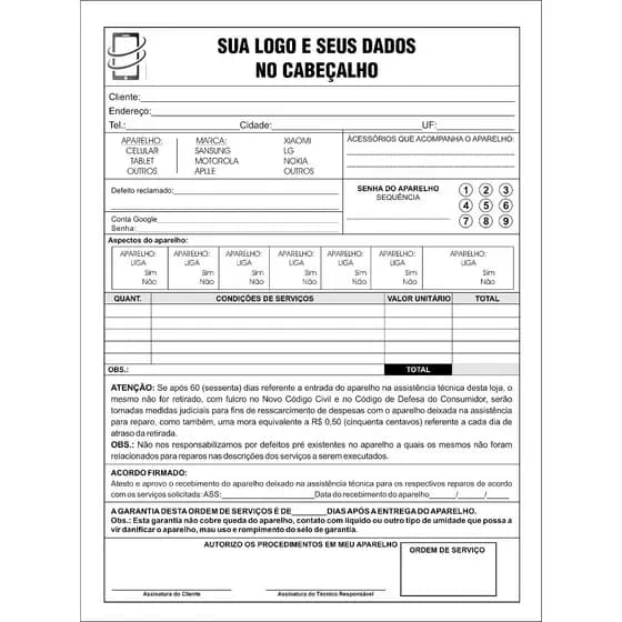 12 Blocos Orçamento Ordem Serviço Loja Celular 15x21  2 Via