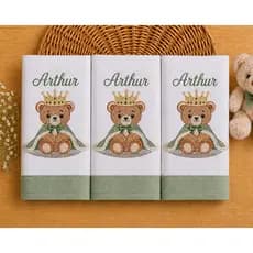 Kit 3 Fraldas de Boca Bordadas Urso Príncipe Personalizado Nome do Bebê 100% Algodão