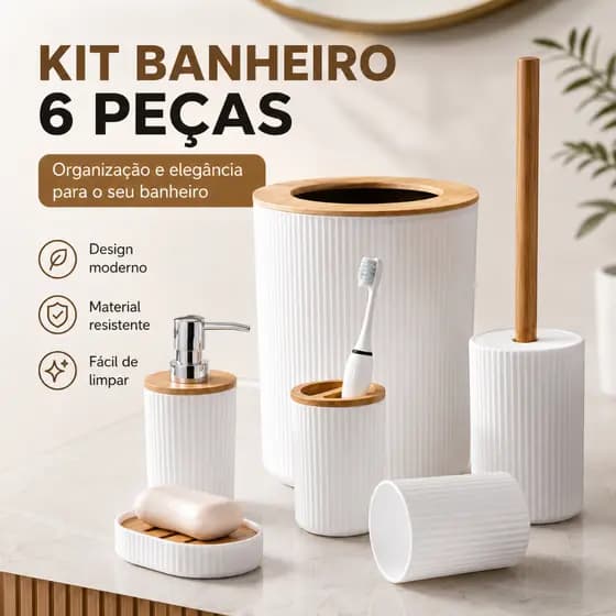 Kit Acessórios Banheiro 6 Peças Branco com Bambu Lixeira Escova Sanitária Jogo Completo Organizador