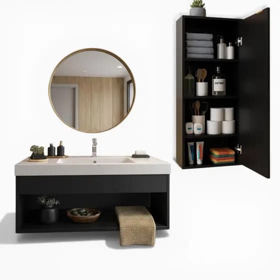 Gabinete Banheiro com Cuba Slim Integrada + Armário 4 Nichos Estilo Minimalista Moderno