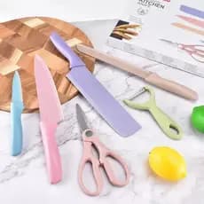 Kit 6 pçs Facas Tons Pastel Macarron Cozinha Descascador Tesoura  Aço inox Cabo Ergonômico em Fibra de palha