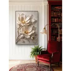 Quadro Decorativo Magnólias Brancas com Detalhes Dourados