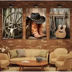 Kit 3 Peças Quadros Decorativos Chapéu de Cowboy e Botas Murais Sala Quarto