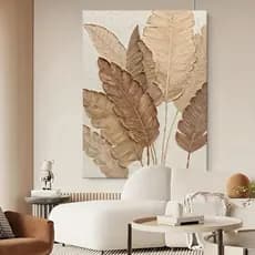 Quadro Decorativo Grande Folhagem Bege 110x80cm para Sala Quarto Escritório