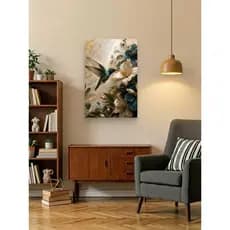 Quadro Decorativo Beija-Flor Esmeralda com Flores Luxuosas e Detalhes Dourados