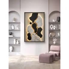 Quadro Decorativo Abstrato Pedra Vulcânica e Mármore Branco Luxo Moderno Sem LED