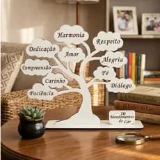 Kit Árvore Decorativa 10 Mandamentos do Lar Mini Enfeite de Mesa MDF Branco Lembrança Família