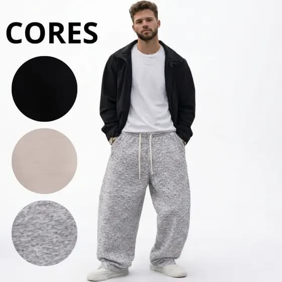 Calça Moletom Baggy Oversized Cinza Unissex 100% Algodão Confortável Streetwear Tendência 2026 Modelagem Larga
