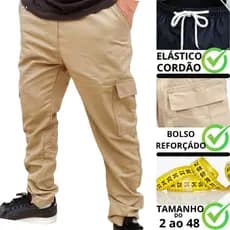 Calça Bege Cargo Feminina Masculino Do Tamanho 2 ao 48 Skate Larga 5 Bolsos Cordão Elástico Na Cintura Sarja Premium