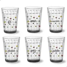 Kit 6 Copos Americanos de Vidro Transparente 190ml Gratidão Paz Fé Amor Felicidade Prosperidade