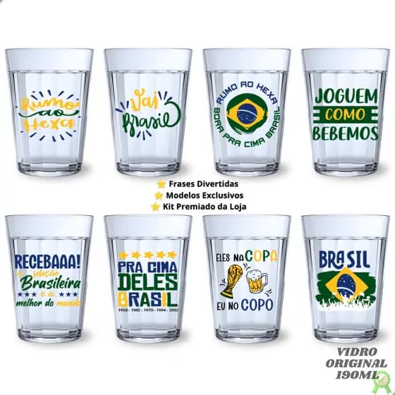 Kit 10 Copos Brasil Americanos 190ml Vidro Original Frases figurinha Copa do Mundo Bar Restaurante