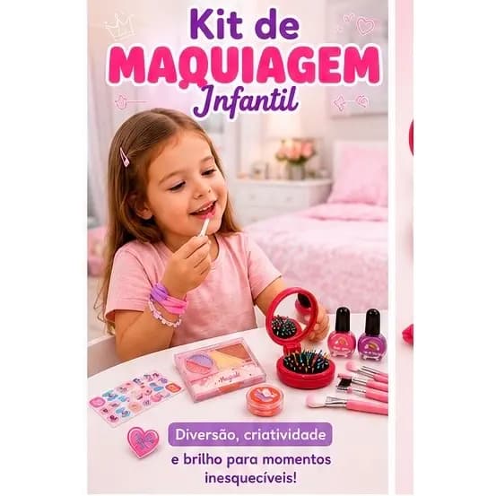 Kit de Maquiagem Infantil Completo com Espelho, Pincéis e Acessórios para Cabelo