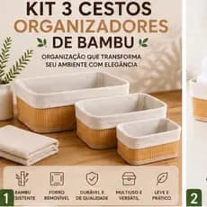 Kit 3 Cestos Organizadores de Bambu com Forro Removível Multiuso Banheiro Cozinha Quarto Armário
