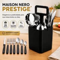 Conjunto de Talheres Preto 25 Peças Aço Inox Premium Faqueiro Moderno Mesa Posta Resistente
