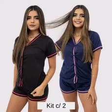 Kit c/ 2 Pijama Americano Liso/ Abertura com botões/ Baby doll Feminino/ Pijama Feminino