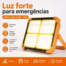 Refletor Solar LED 1000W Recarregável USB-C Impermeável com Ímã Power Bank para Camping Emergência