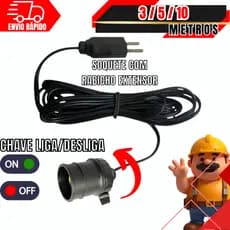 Soquete Com Rabicho Extensor Chave Botão Liga Desliga Bivolt 10A Para Tomada Lâmpada 3 /5/ 10 METROS