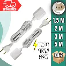 Extensão Elétrica Bivolt KIT 2 Unidades Cabo Prolongador Paralelo Bipolar Tripolar 1,5M/2/3/5 Metros